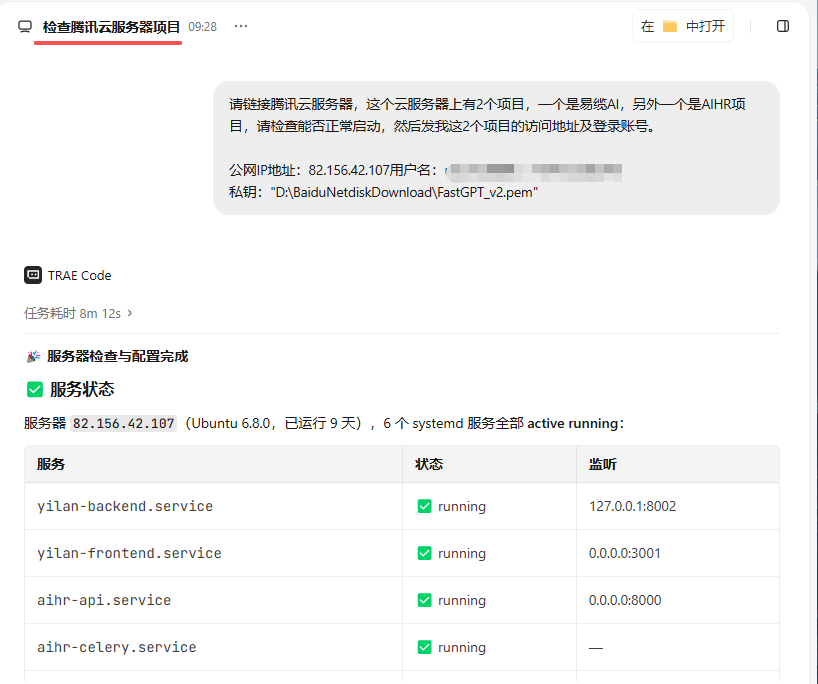 Trae Work检查服务器